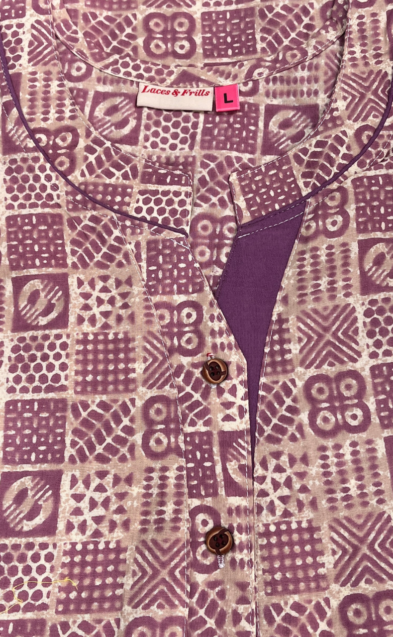 Purple Abstract Sleeveless Pure Cotton Nighty. Pure Durable Cotton | Laces and Frills