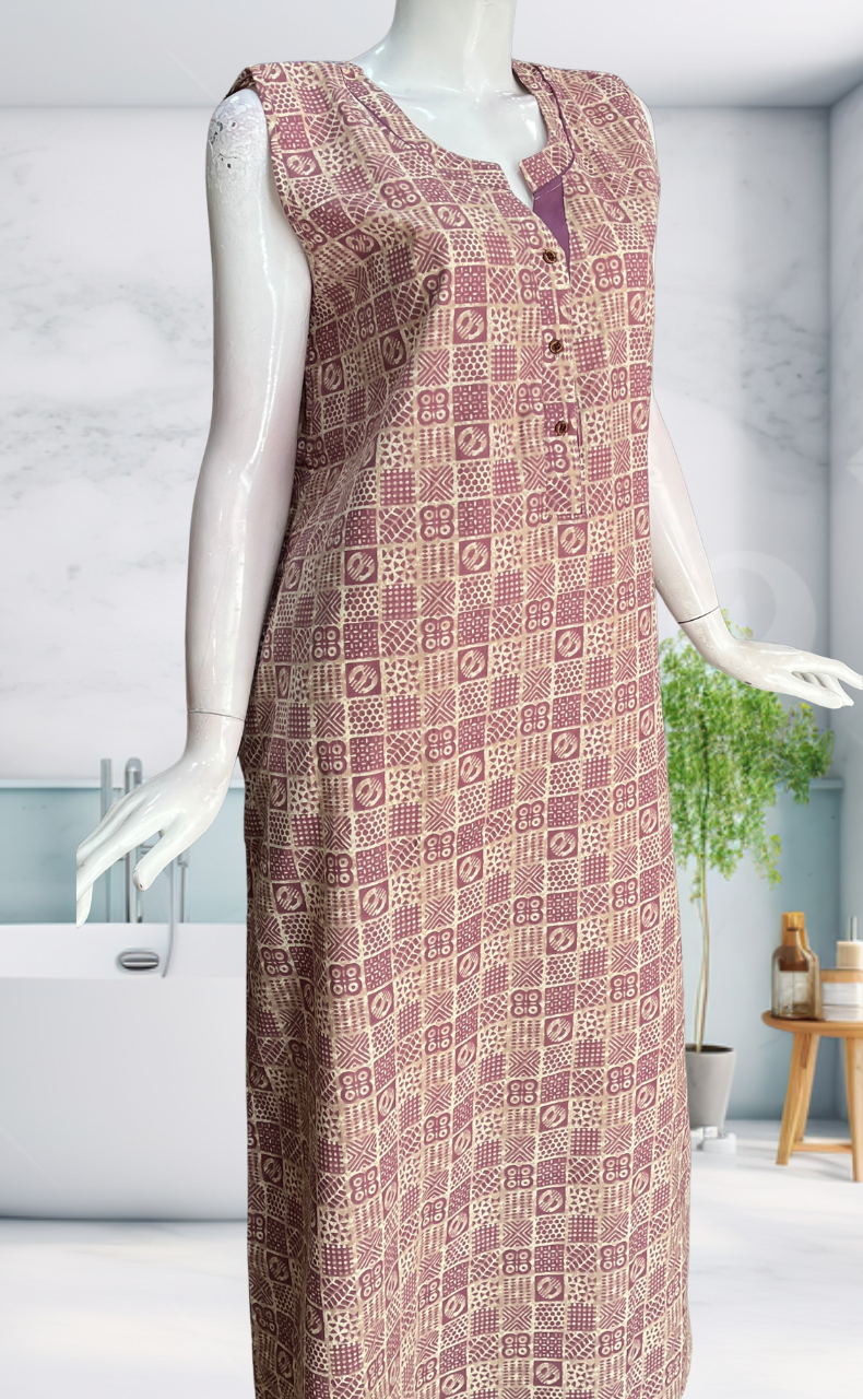 Purple Abstract Sleeveless Pure Cotton Nighty. Pure Durable Cotton | Laces and Frills