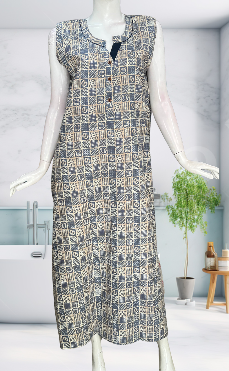 Light Blue Abstract Sleeveless Pure Cotton Nighty. Pure Durable Cotton | Laces and Frills