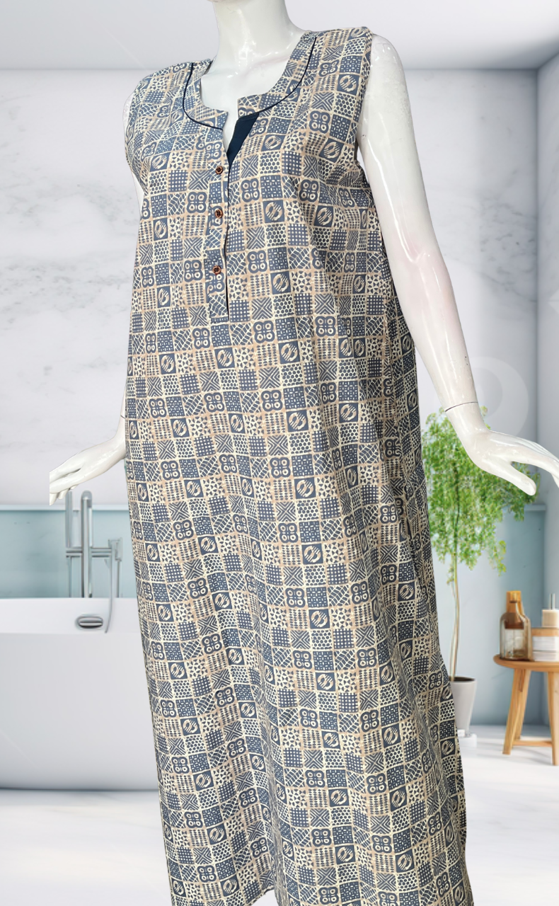 Light Blue Abstract Sleeveless Pure Cotton Nighty. Pure Durable Cotton | Laces and Frills