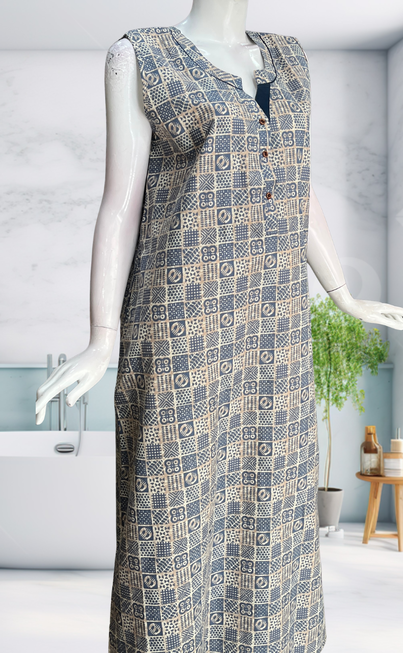 Light Blue Abstract Sleeveless Pure Cotton Nighty. Pure Durable Cotton | Laces and Frills