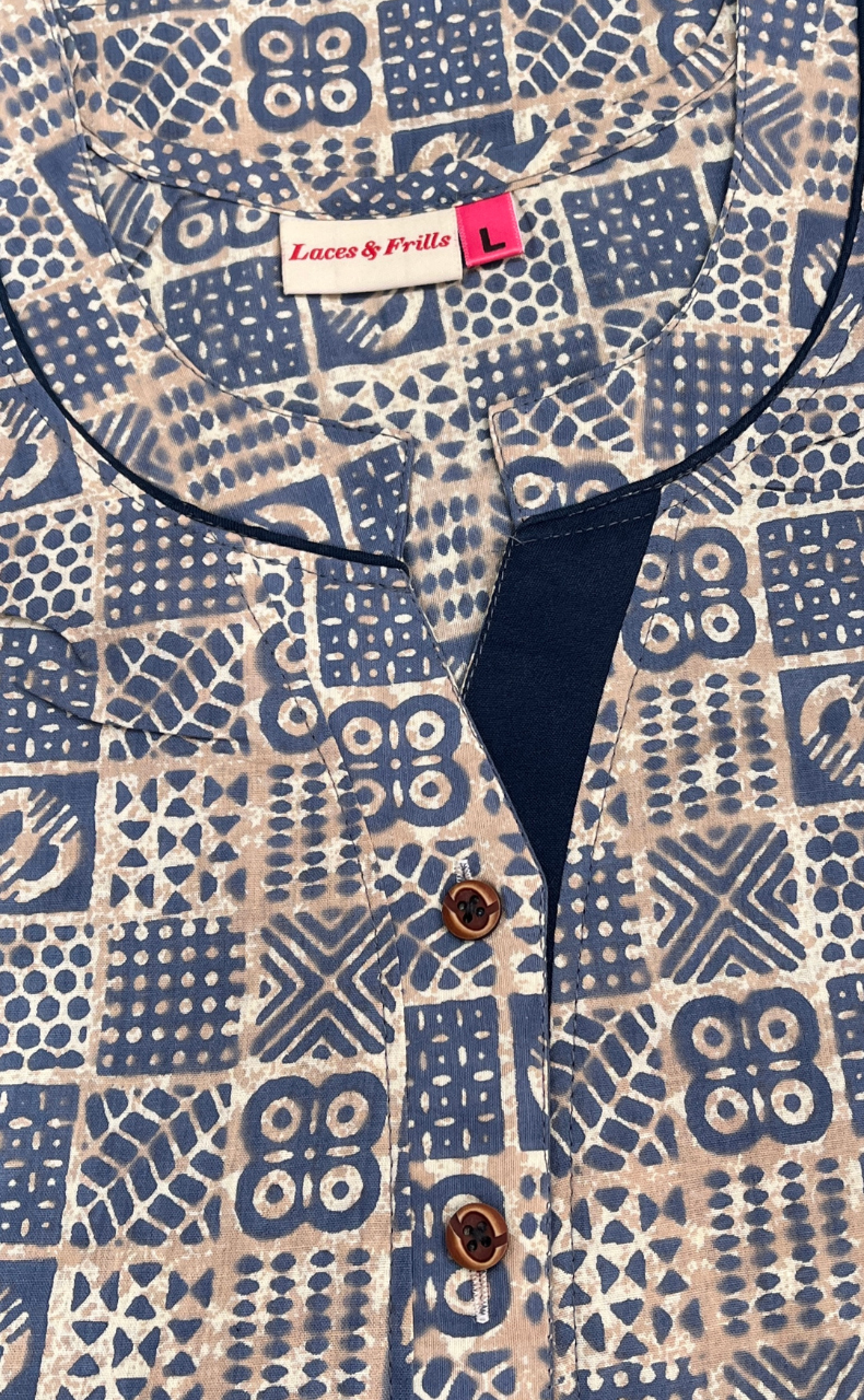 Light Blue Abstract Sleeveless Pure Cotton Nighty. Pure Durable Cotton | Laces and Frills