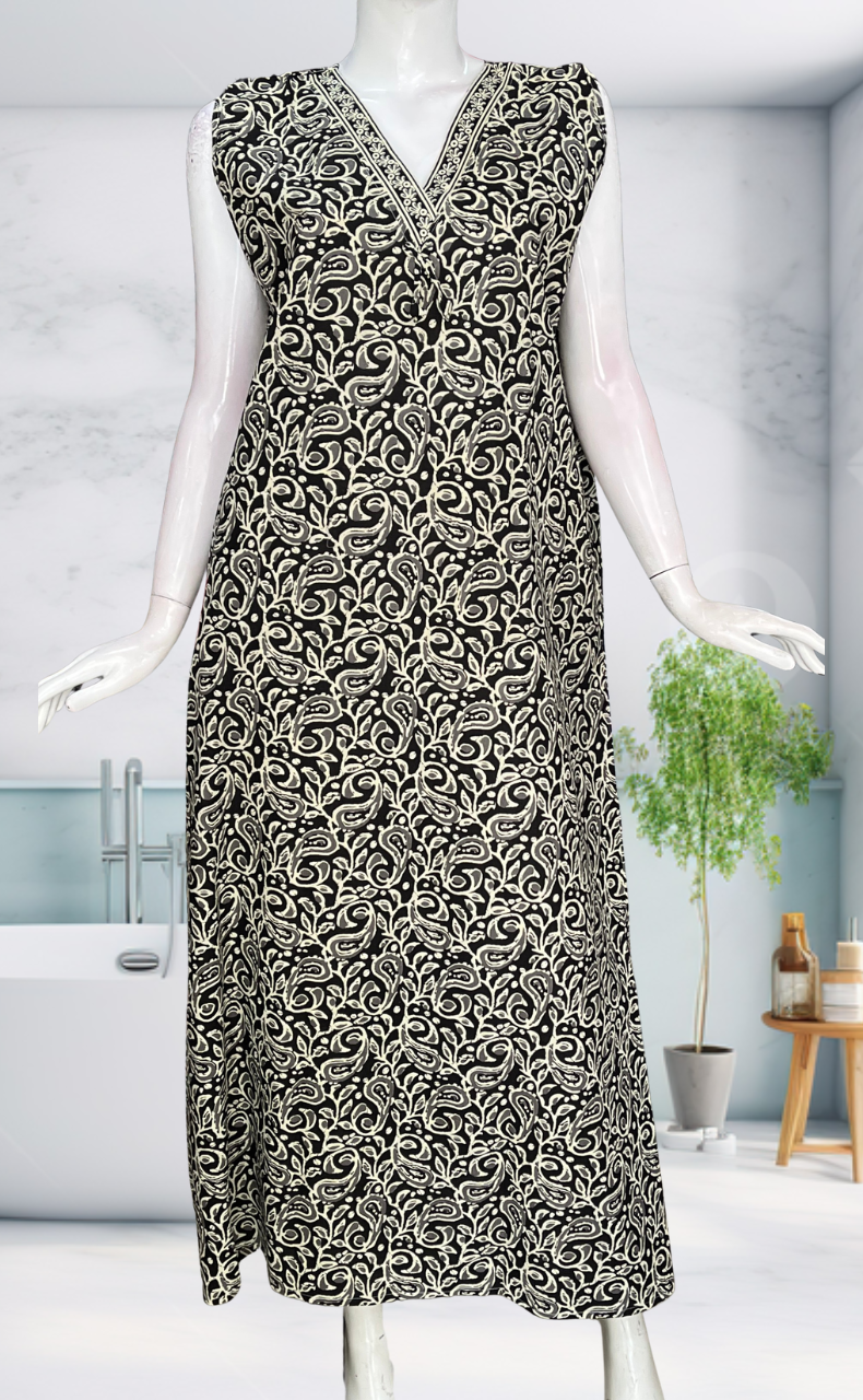 Black Garden Sleeveless Pure Cotton Nighty. Pure Durable Cotton | Laces and Frills