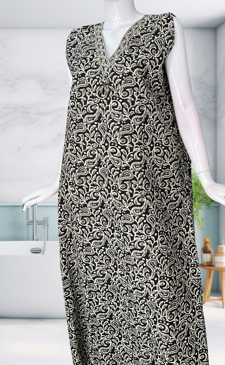 Black Garden Sleeveless Pure Cotton Nighty. Pure Durable Cotton | Laces and Frills