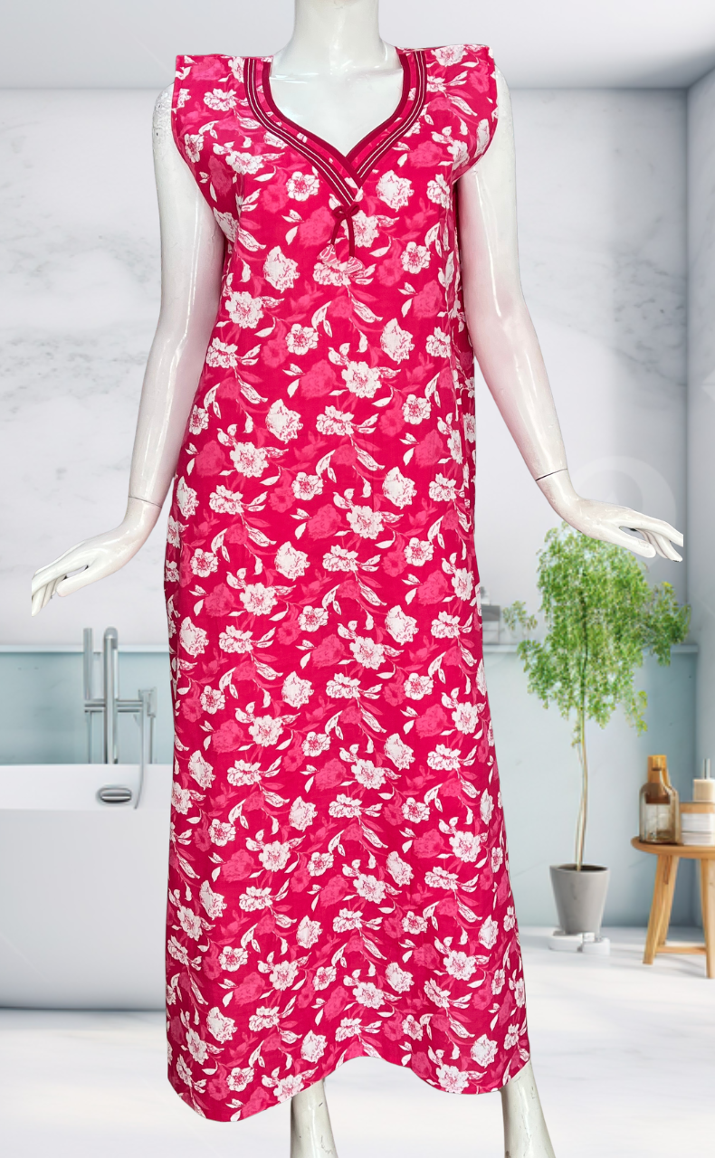 Pink Garden Sleeveless Pure Cotton Nighty. Pure Durable Cotton | Laces and Frills