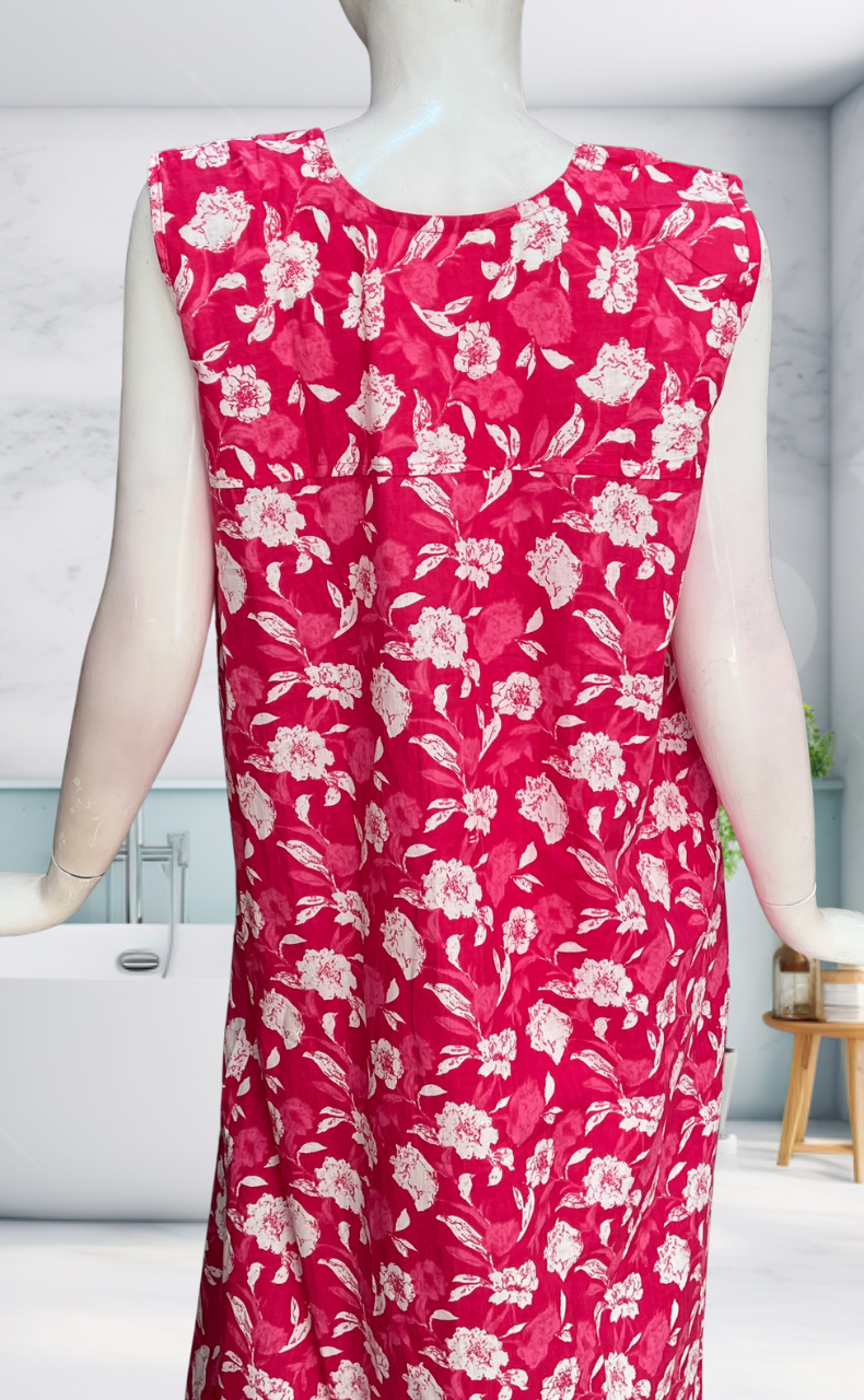 Pink Garden Sleeveless Pure Cotton Nighty. Pure Durable Cotton | Laces and Frills