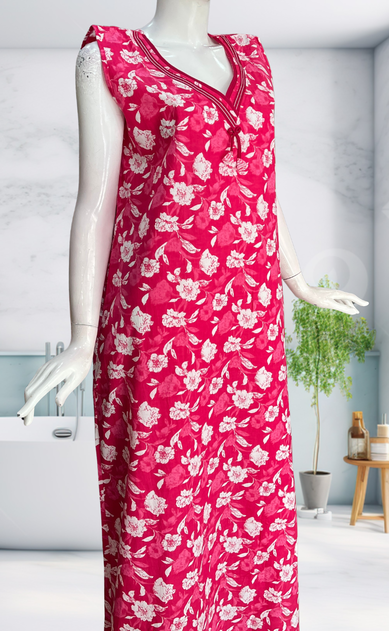 Pink Garden Sleeveless Pure Cotton Nighty. Pure Durable Cotton | Laces and Frills