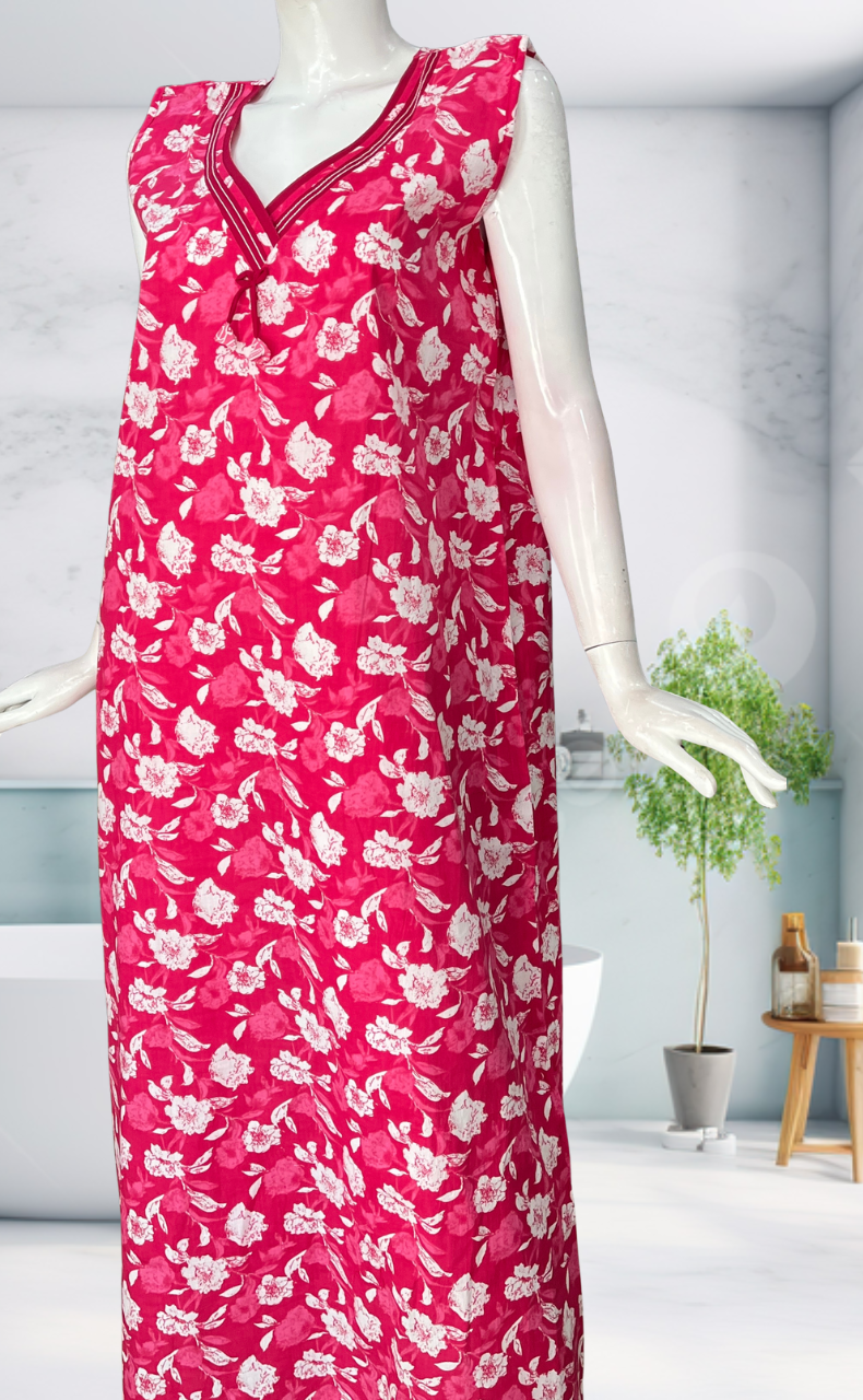 Pink Garden Sleeveless Pure Cotton Nighty. Pure Durable Cotton | Laces and Frills