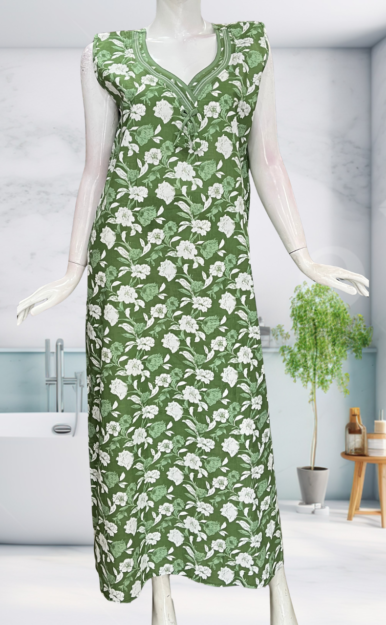 Green Garden Sleeveless Pure Cotton Nighty. Pure Durable Cotton | Laces and Frills