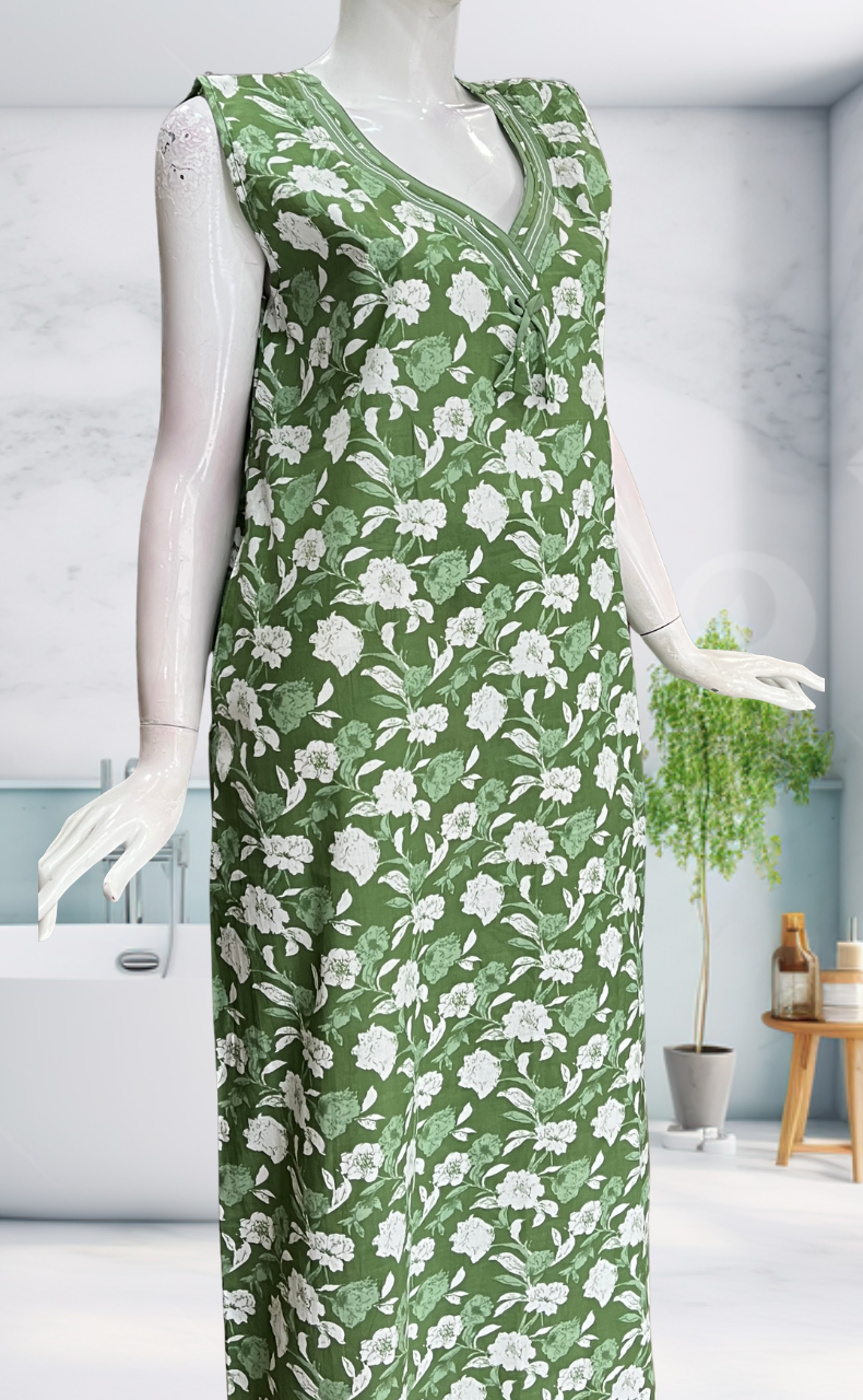 Green Garden Sleeveless Pure Cotton Nighty. Pure Durable Cotton | Laces and Frills