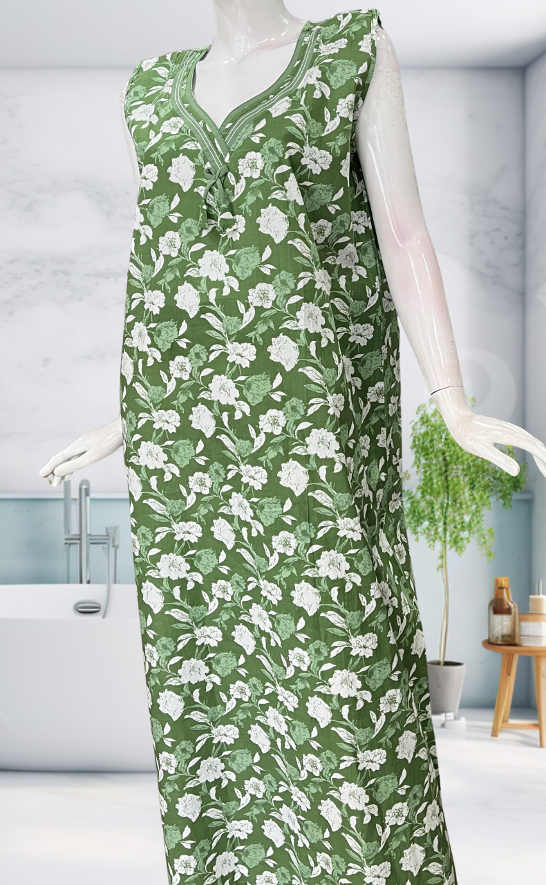 Green Garden Sleeveless Pure Cotton Nighty. Pure Durable Cotton | Laces and Frills