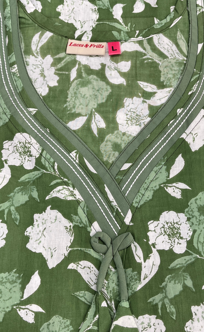 Green Garden Sleeveless Pure Cotton Nighty. Pure Durable Cotton | Laces and Frills