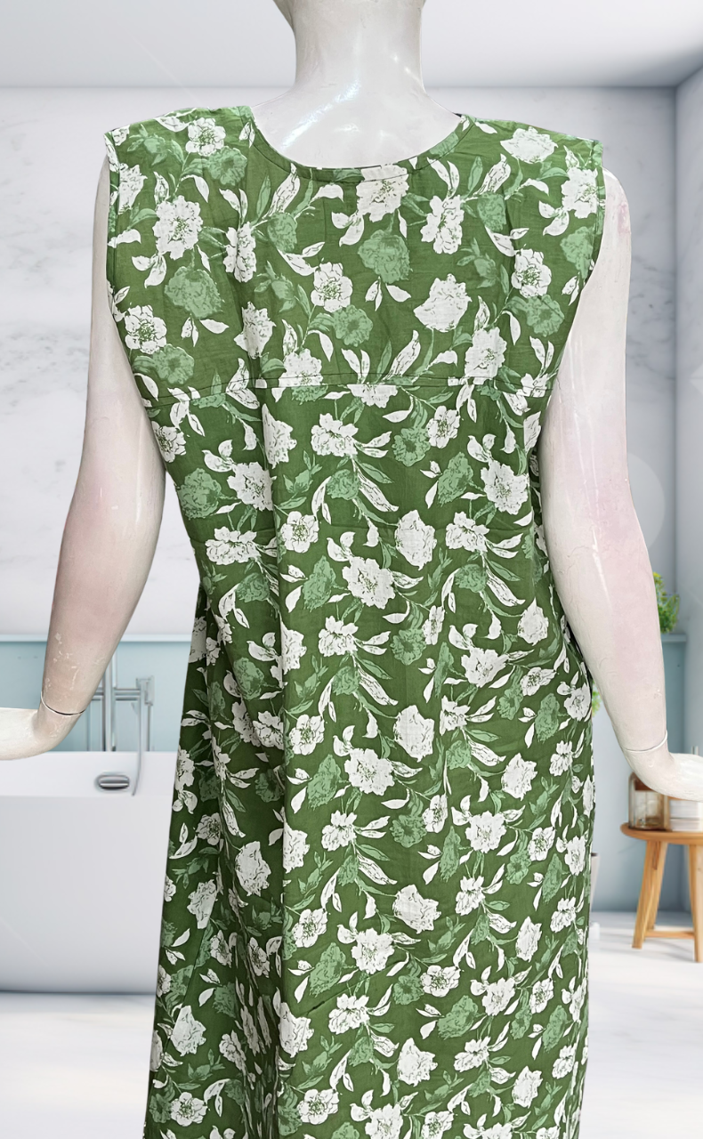 Green Garden Sleeveless Pure Cotton Nighty. Pure Durable Cotton | Laces and Frills
