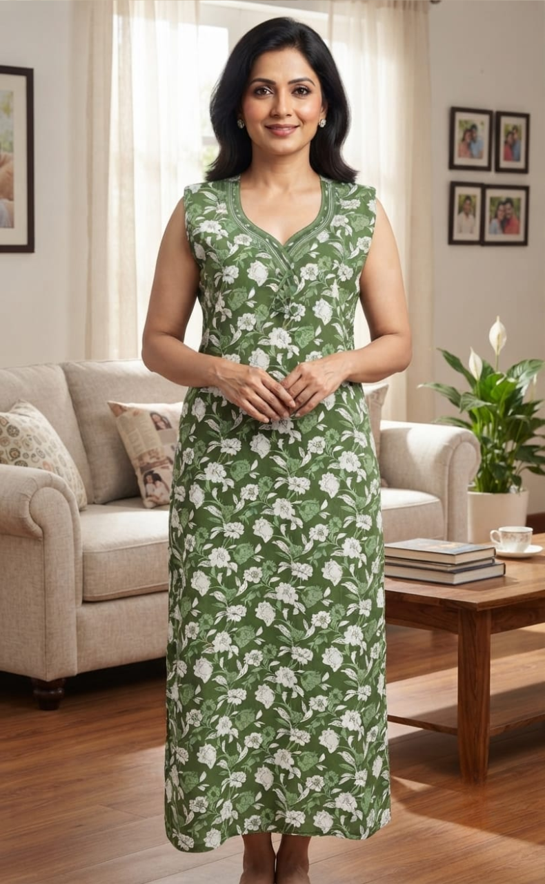 Green Garden Sleeveless Pure Cotton Nighty. Pure Durable Cotton | Laces and Frills