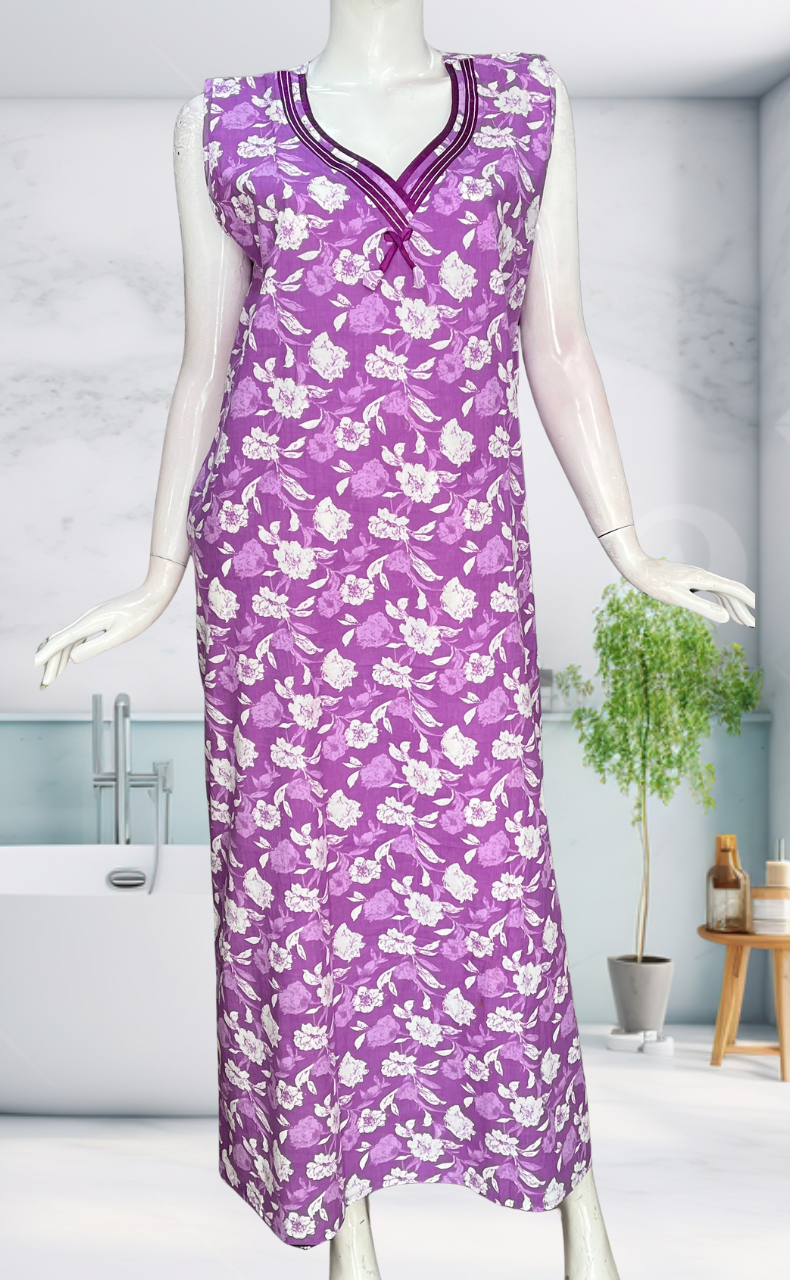 Lavender Garden Sleeveless Pure Cotton Nighty. Pure Durable Cotton | Laces and Frills