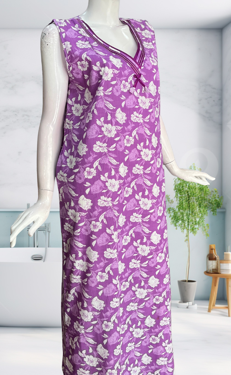 Lavender Garden Sleeveless Pure Cotton Nighty. Pure Durable Cotton | Laces and Frills