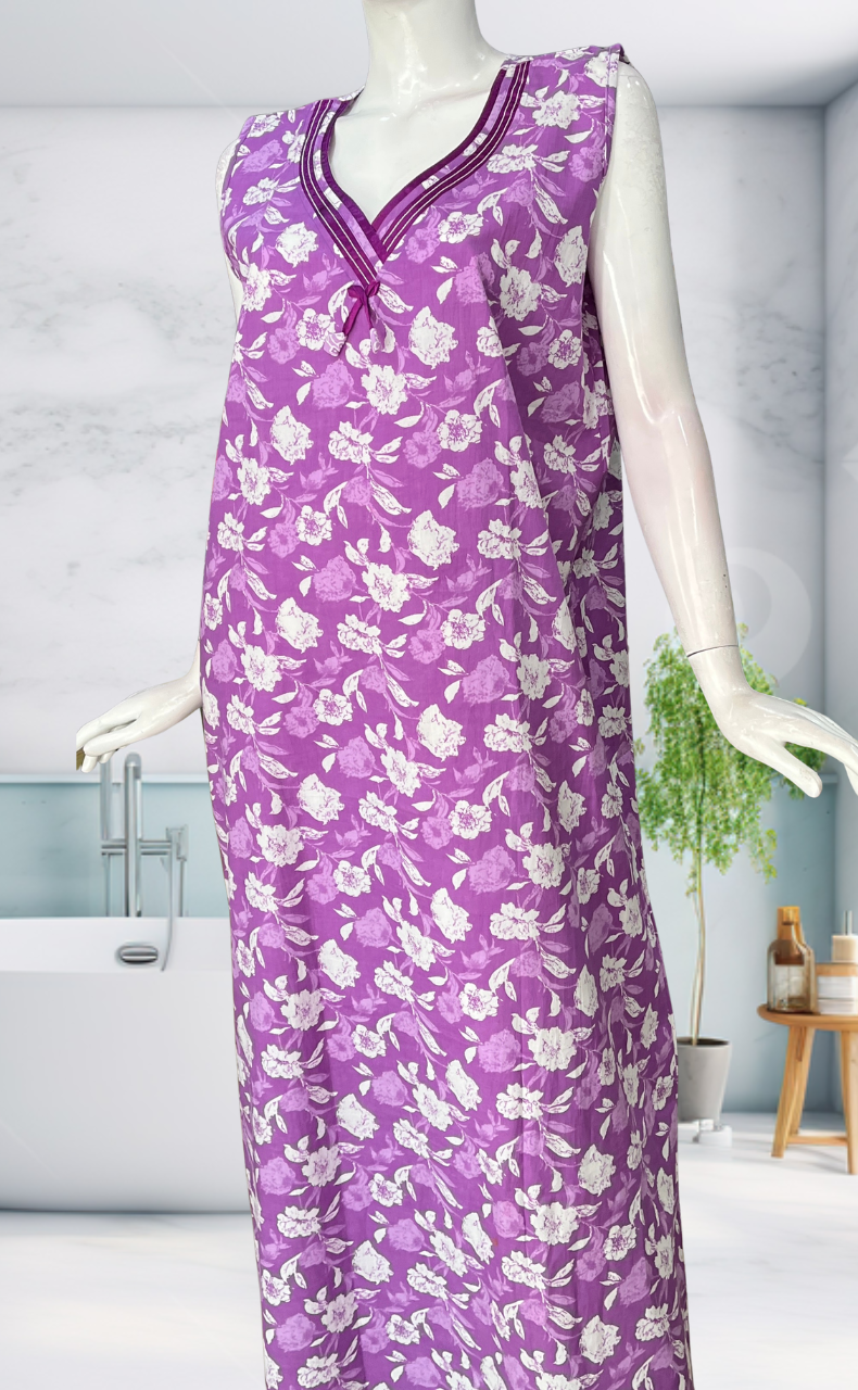 Lavender Garden Sleeveless Pure Cotton Nighty. Pure Durable Cotton | Laces and Frills