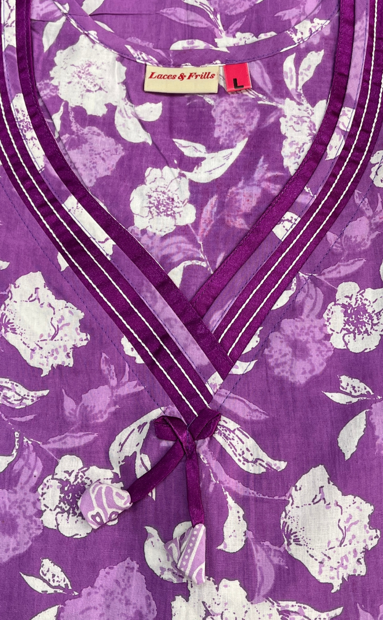Lavender Garden Sleeveless Pure Cotton Nighty. Pure Durable Cotton | Laces and Frills