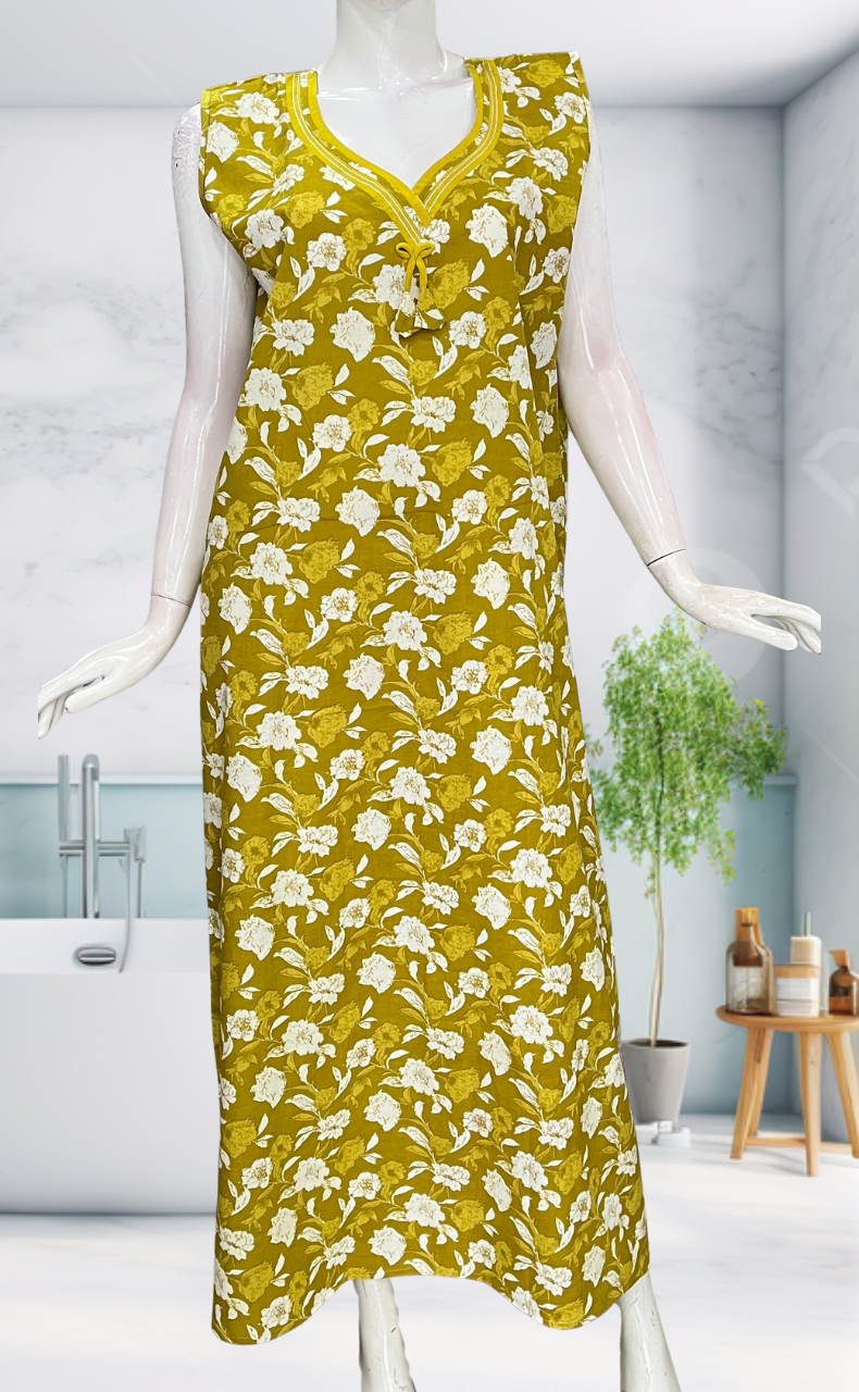 Yellow Garden Sleeveless Pure Cotton Nighty. Pure Durable Cotton | Laces and Frills