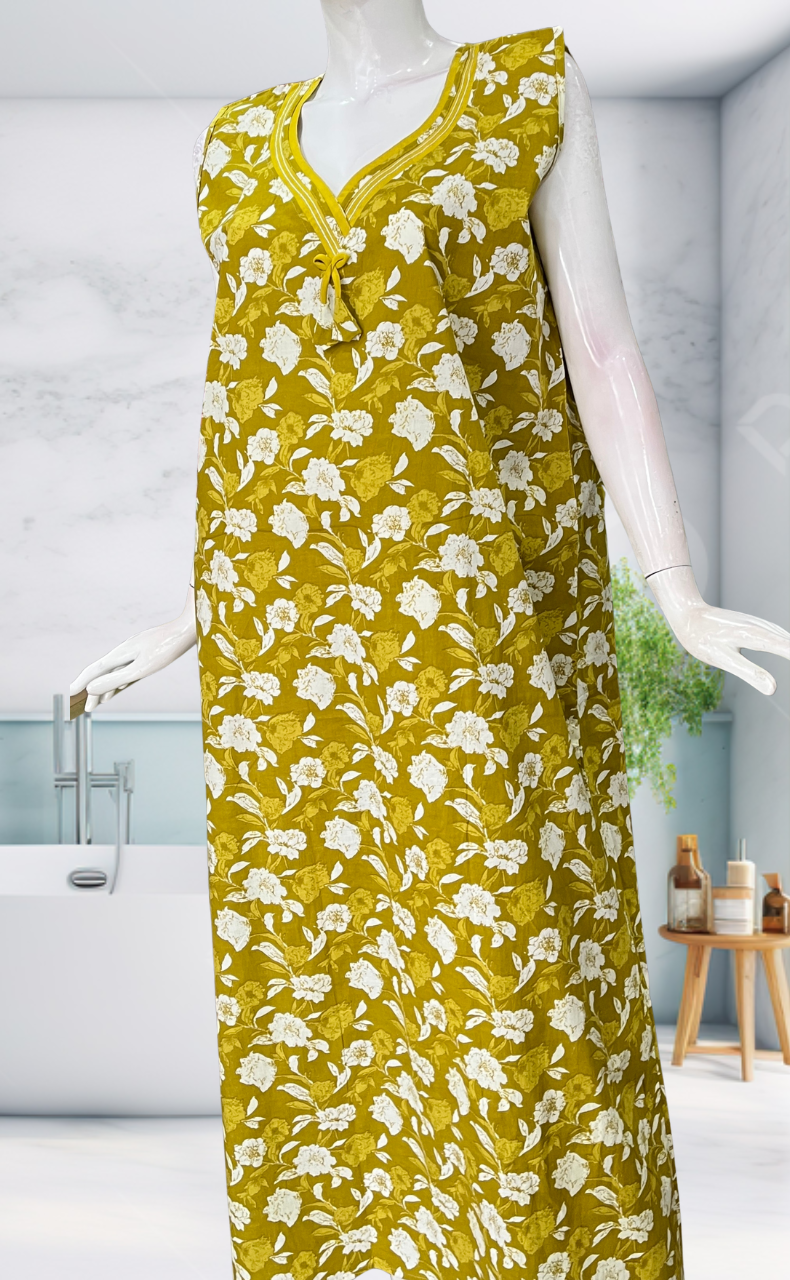 Yellow Garden Sleeveless Pure Cotton Nighty. Pure Durable Cotton | Laces and Frills
