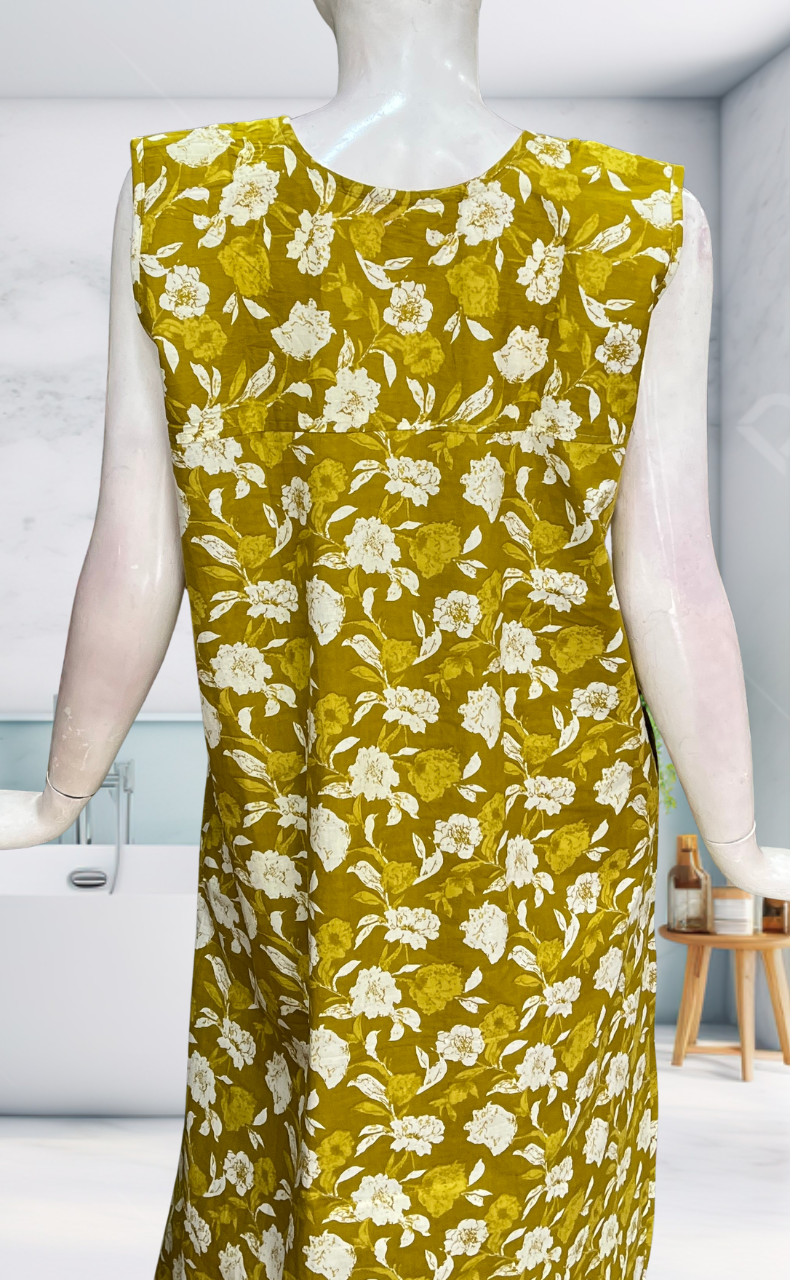 Yellow Garden Sleeveless Pure Cotton Nighty. Pure Durable Cotton | Laces and Frills