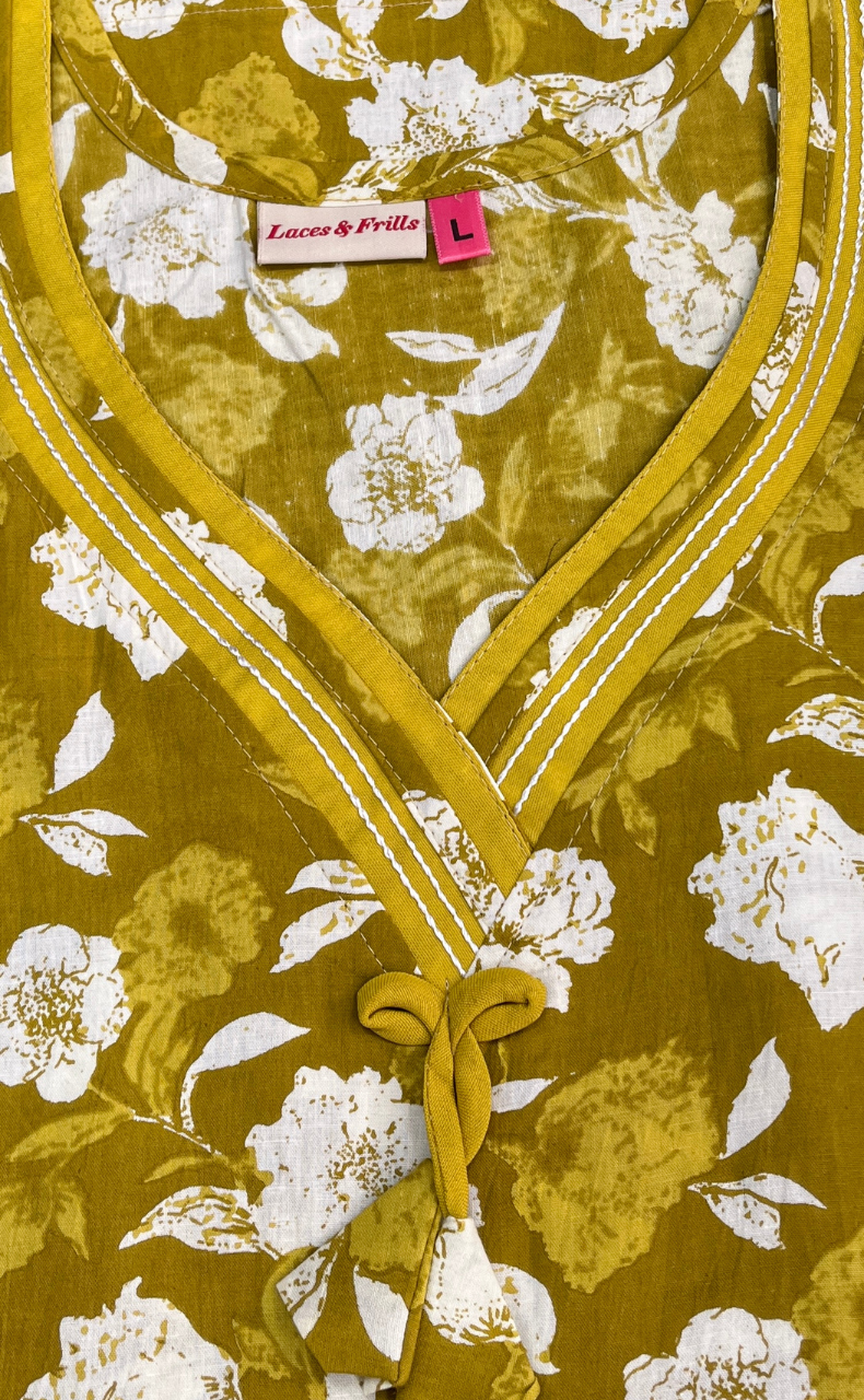 Yellow Garden Sleeveless Pure Cotton Nighty. Pure Durable Cotton | Laces and Frills