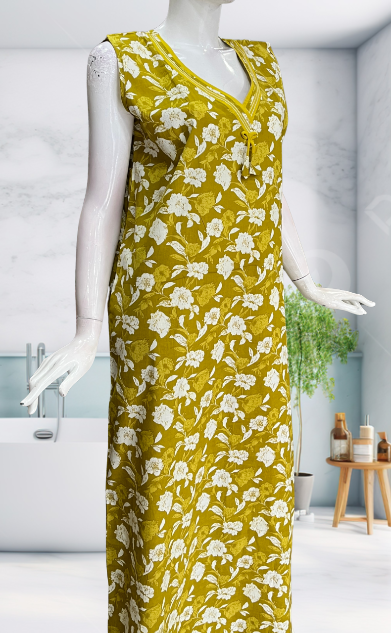 Yellow Garden Sleeveless Pure Cotton Nighty. Pure Durable Cotton | Laces and Frills