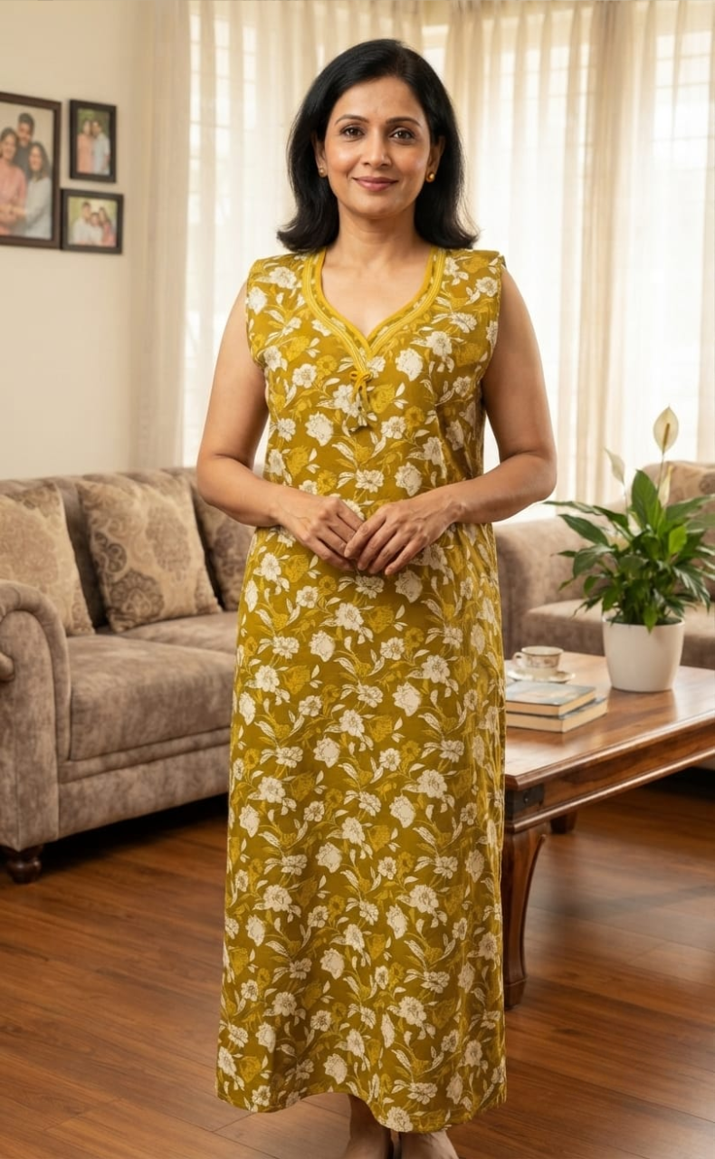 Yellow Garden Sleeveless Pure Cotton Nighty. Pure Durable Cotton | Laces and Frills