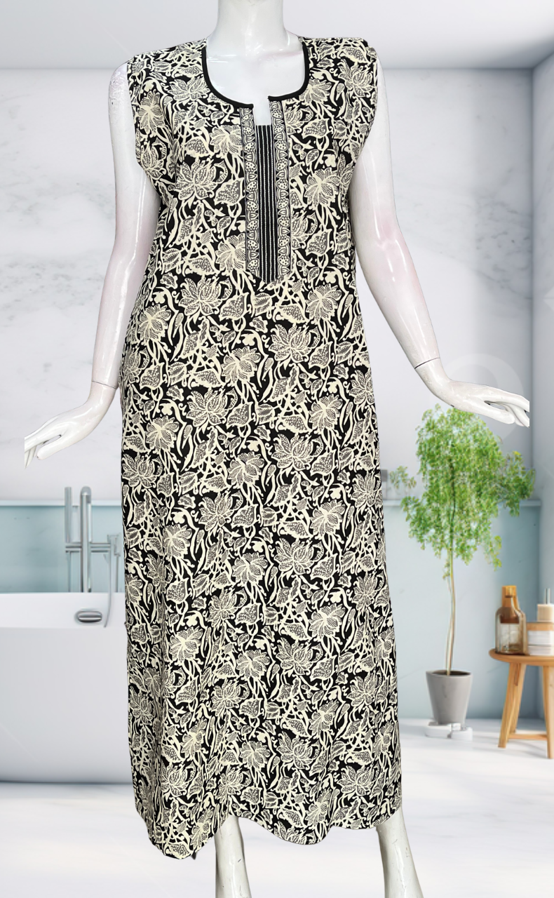 Black Garden Sleeveless Pure Cotton Nighty. Pure Durable Cotton | Laces and Frills