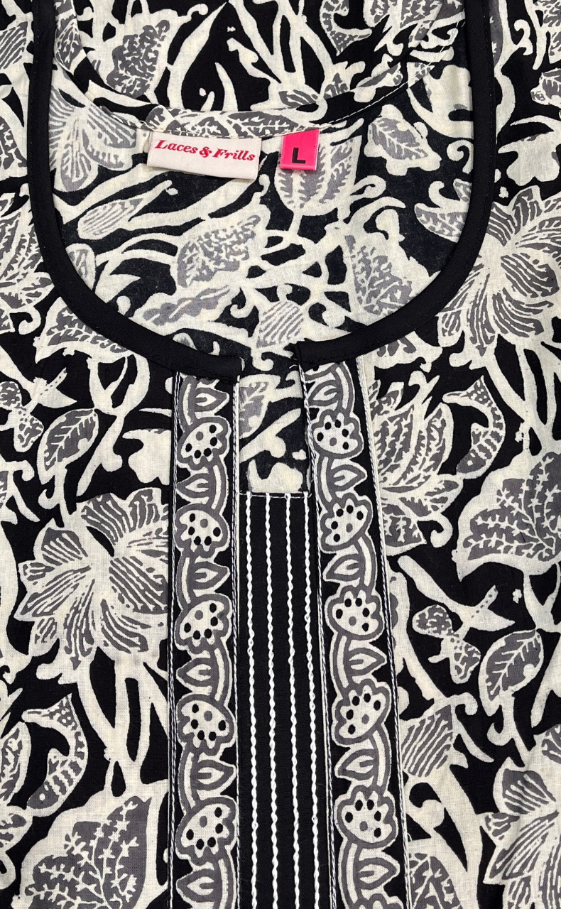 Black Garden Sleeveless Pure Cotton Nighty. Pure Durable Cotton | Laces and Frills