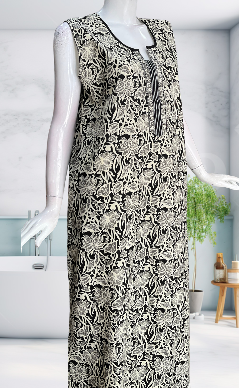 Black Garden Sleeveless Pure Cotton Nighty. Pure Durable Cotton | Laces and Frills