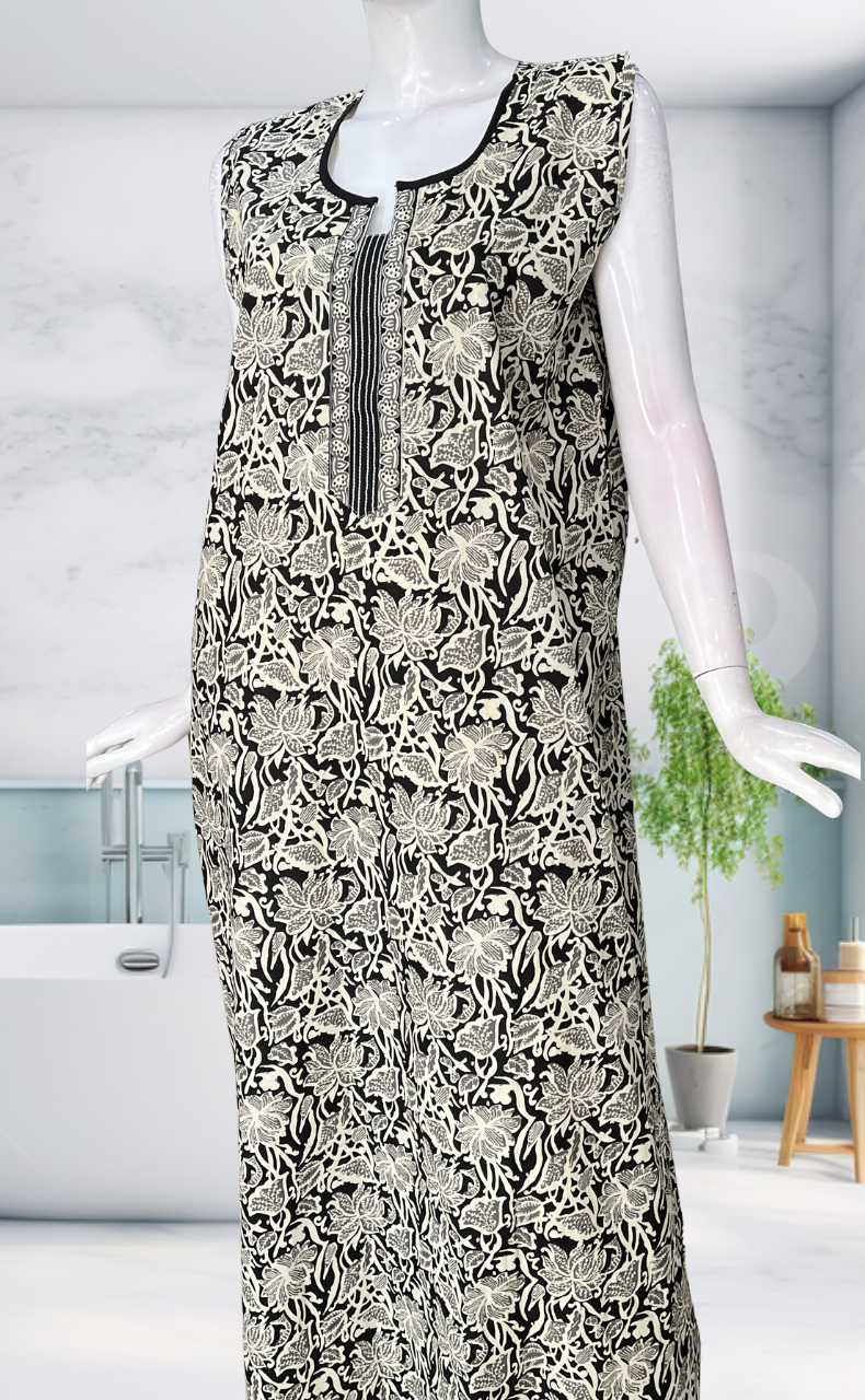 Black Garden Sleeveless Pure Cotton Nighty. Pure Durable Cotton | Laces and Frills