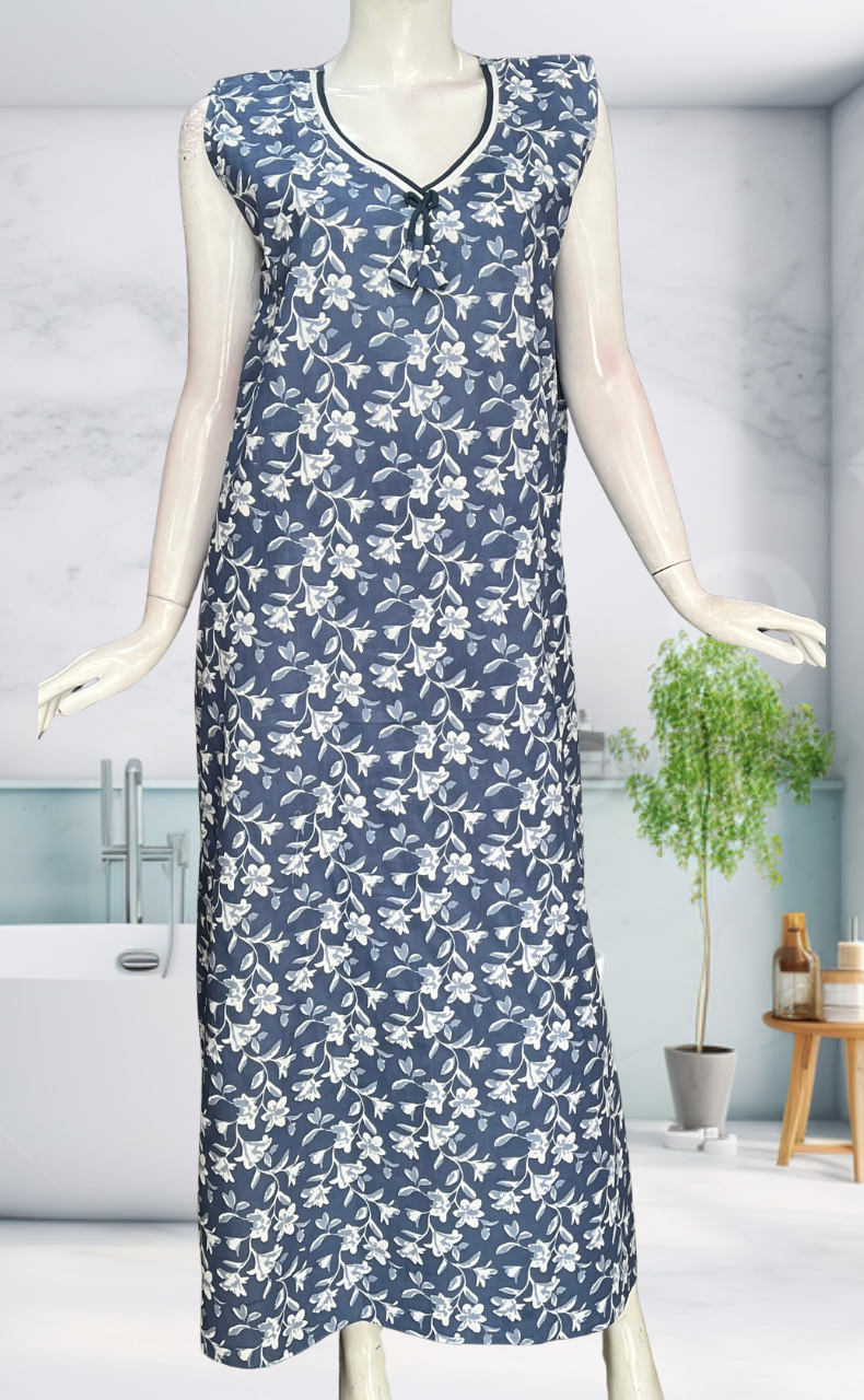 Light Blue Garden Sleeveless Pure Cotton Nighty. Pure Durable Cotton | Laces and Frills