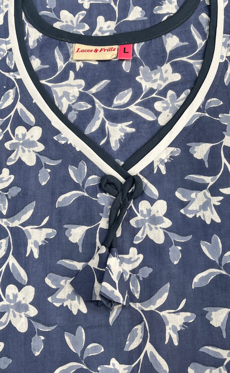 Light Blue Garden Sleeveless Pure Cotton Nighty. Pure Durable Cotton | Laces and Frills