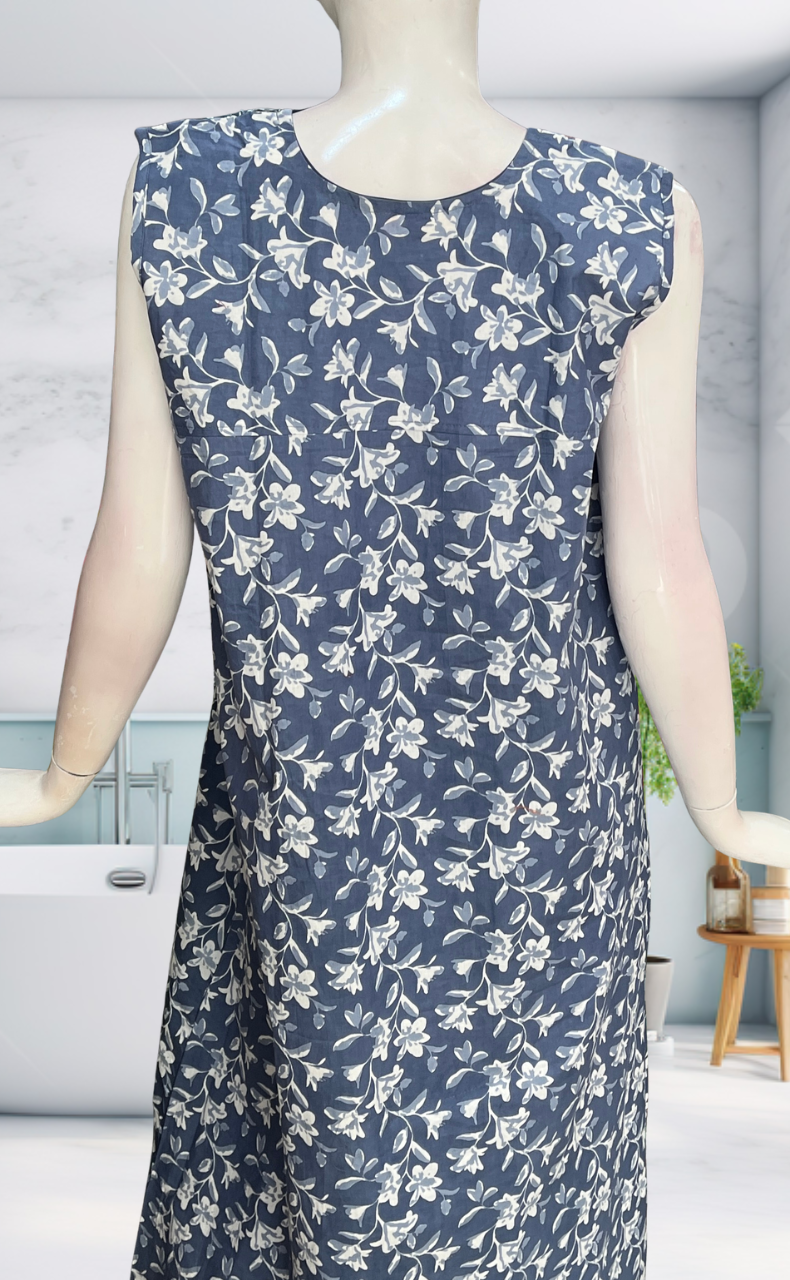 Light Blue Garden Sleeveless Pure Cotton Nighty. Pure Durable Cotton | Laces and Frills