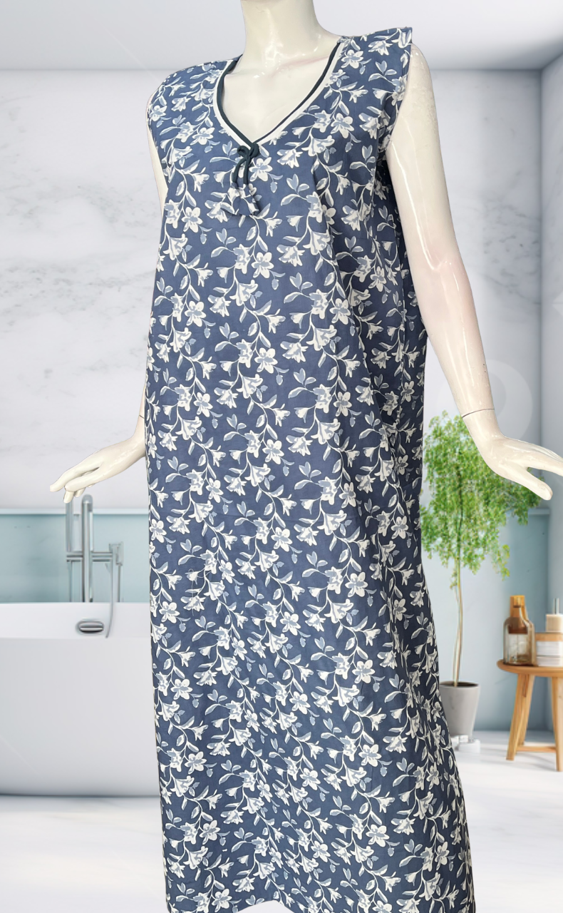 Light Blue Garden Sleeveless Pure Cotton Nighty. Pure Durable Cotton | Laces and Frills