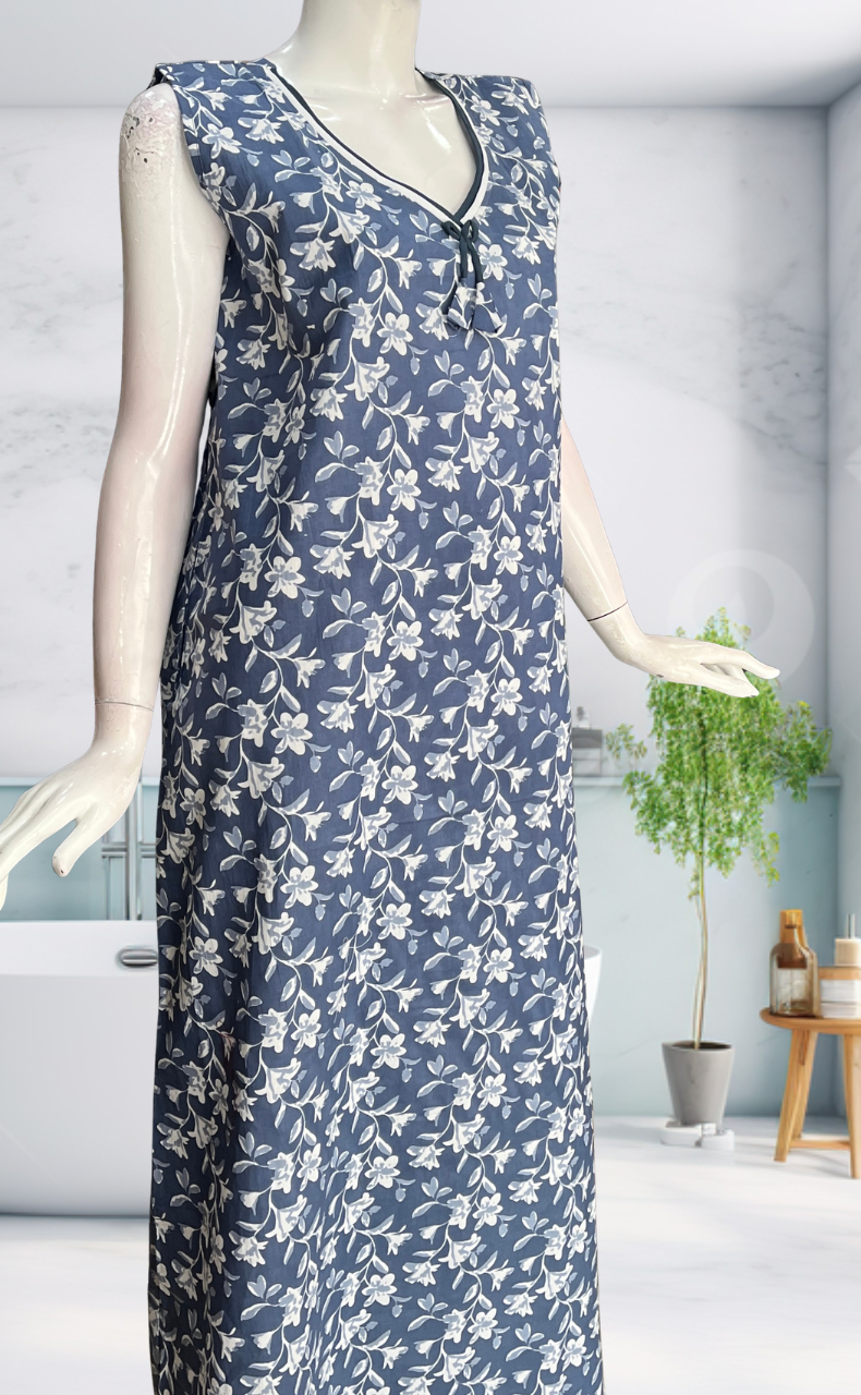 Light Blue Garden Sleeveless Pure Cotton Nighty. Pure Durable Cotton | Laces and Frills