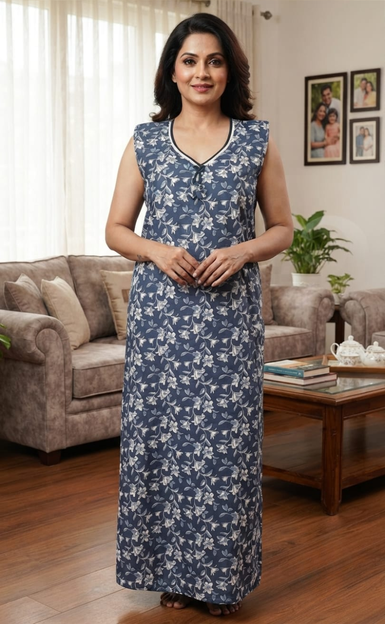 Light Blue Garden Sleeveless Pure Cotton Nighty. Pure Durable Cotton | Laces and Frills
