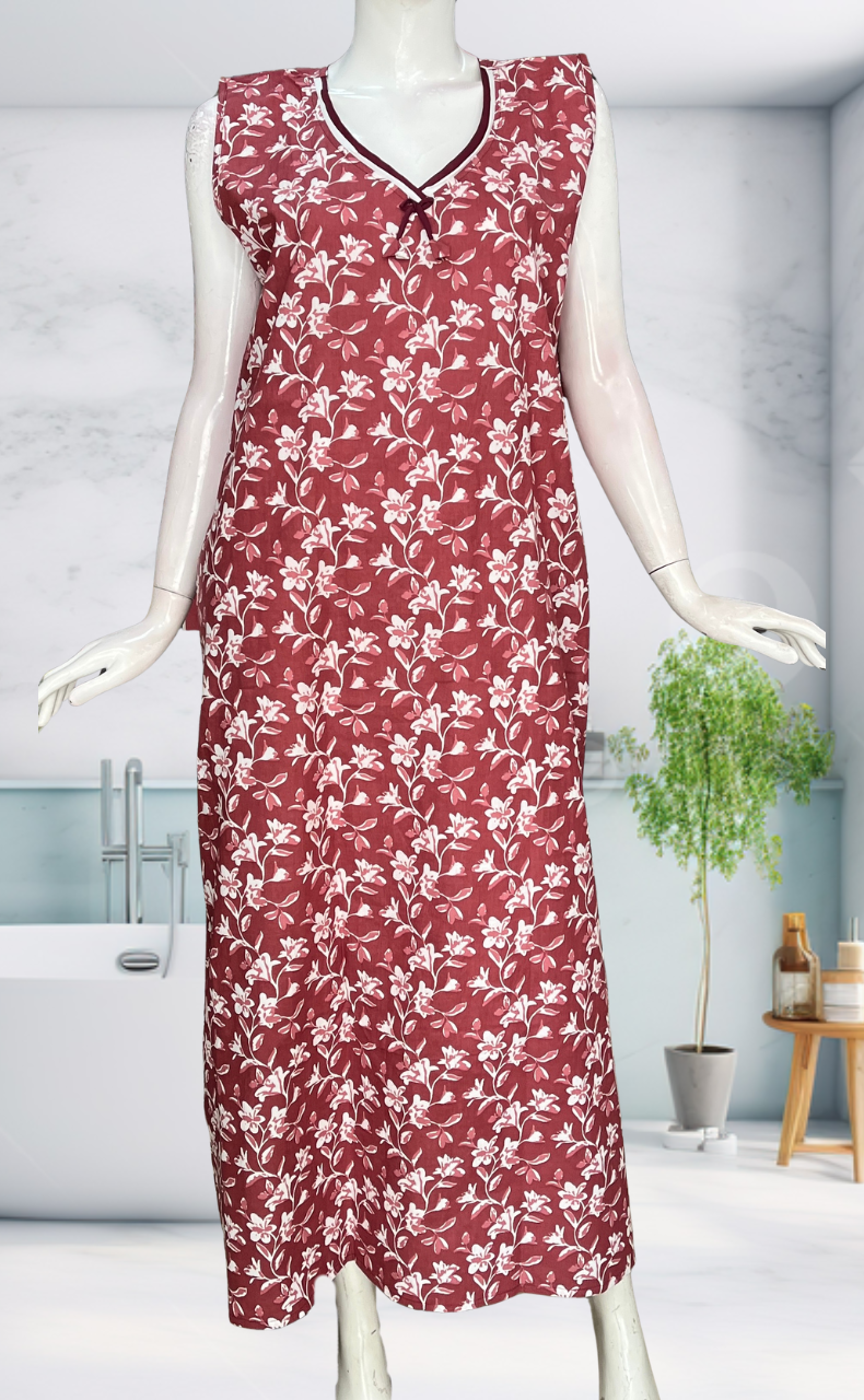 Onion Pink Garden Sleeveless Pure Cotton Nighty. Pure Durable Cotton | Laces and Frills