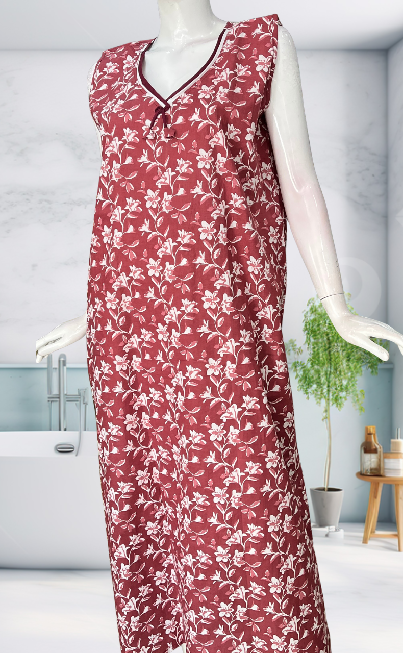 Onion Pink Garden Sleeveless Pure Cotton Nighty. Pure Durable Cotton | Laces and Frills