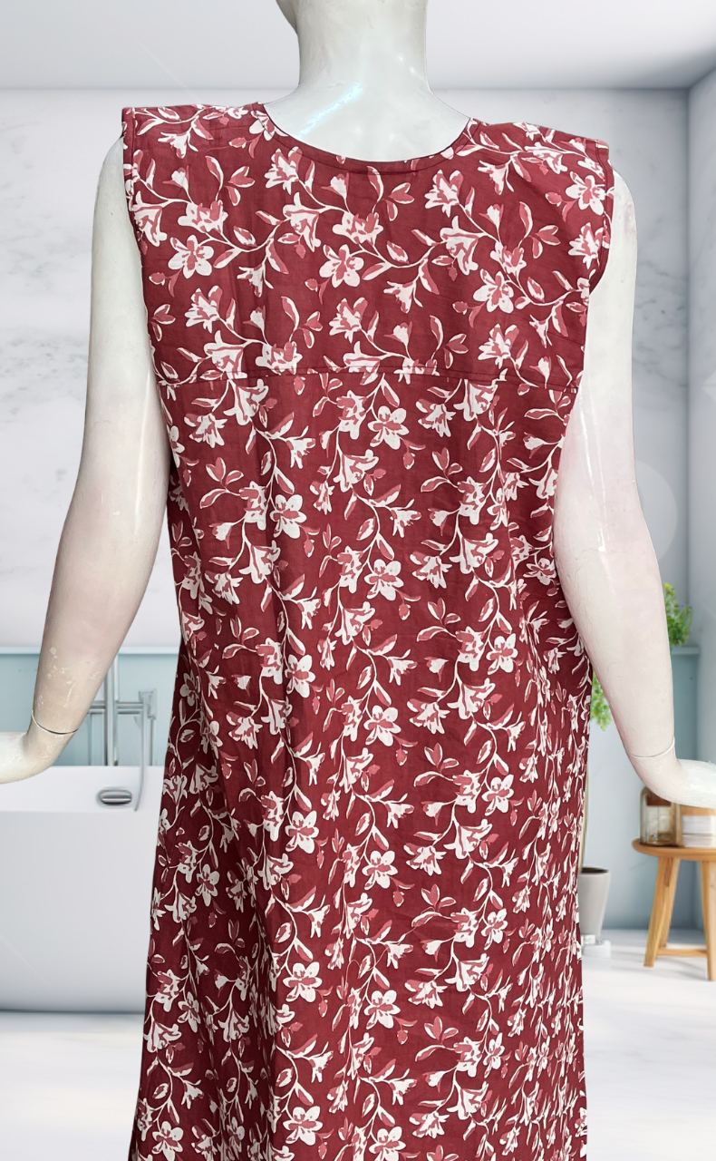 Onion Pink Garden Sleeveless Pure Cotton Nighty. Pure Durable Cotton | Laces and Frills