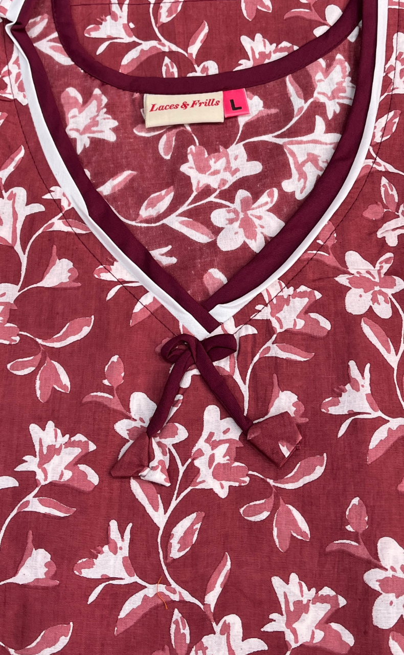 Onion Pink Garden Sleeveless Pure Cotton Nighty. Pure Durable Cotton | Laces and Frills