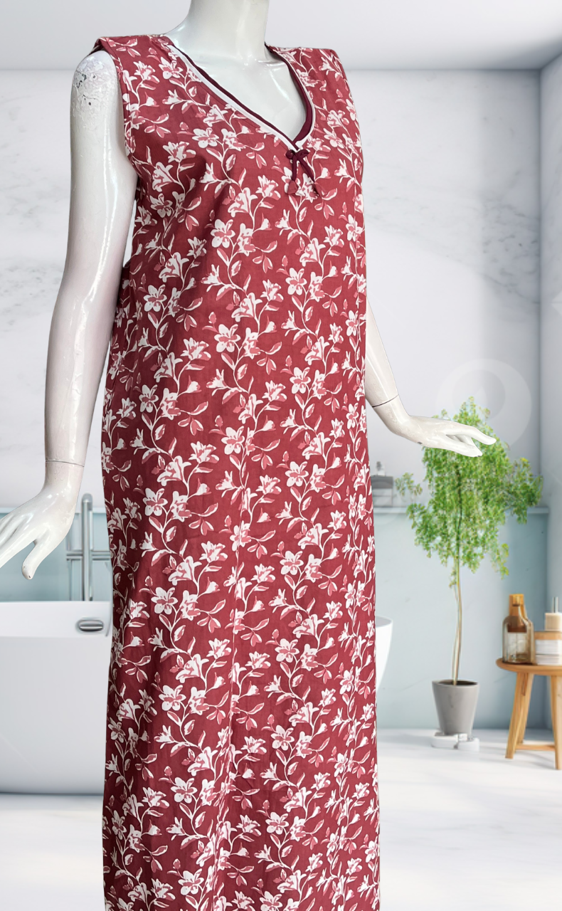 Onion Pink Garden Sleeveless Pure Cotton Nighty. Pure Durable Cotton | Laces and Frills