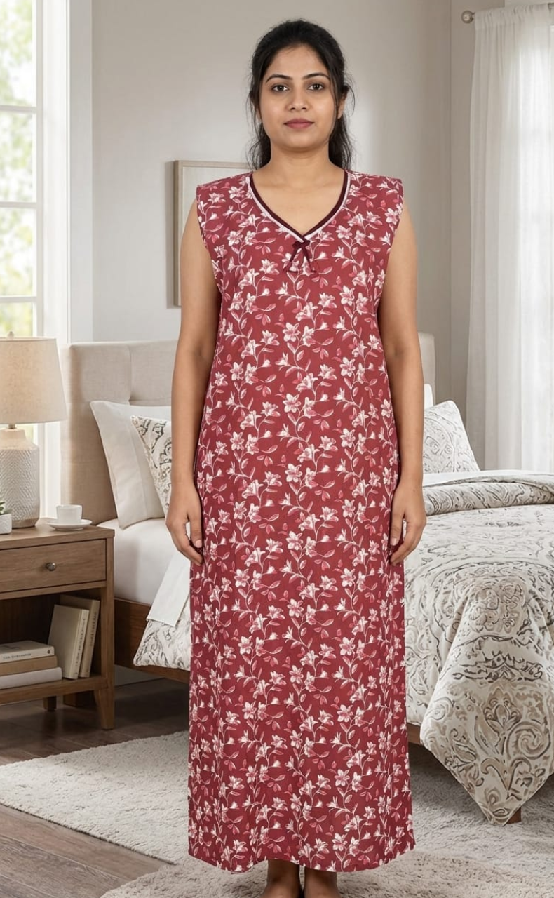 Onion Pink Garden Sleeveless Pure Cotton Nighty. Pure Durable Cotton | Laces and Frills