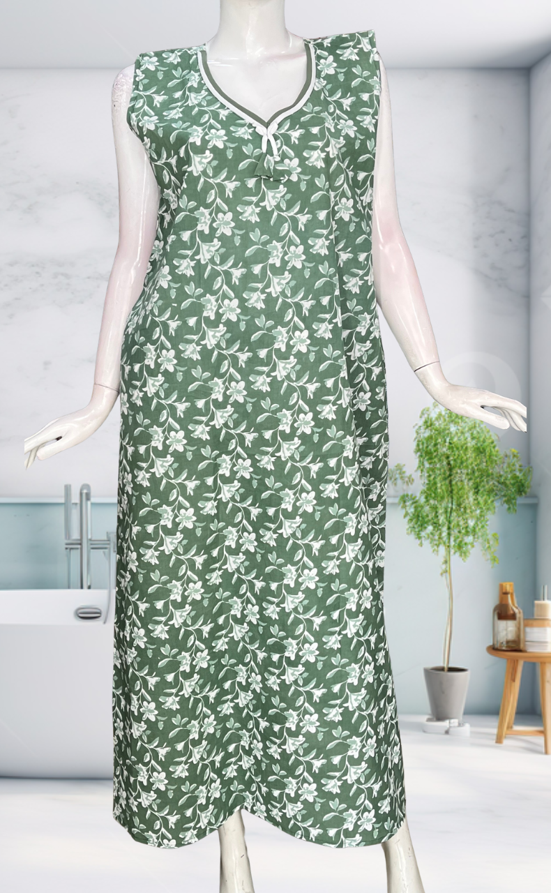 Pista Green Garden Sleeveless Pure Cotton Nighty. Pure Durable Cotton | Laces and Frills