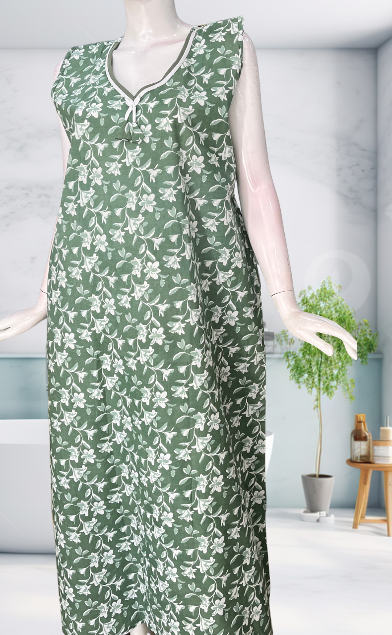 Pista Green Garden Sleeveless Pure Cotton Nighty. Pure Durable Cotton | Laces and Frills