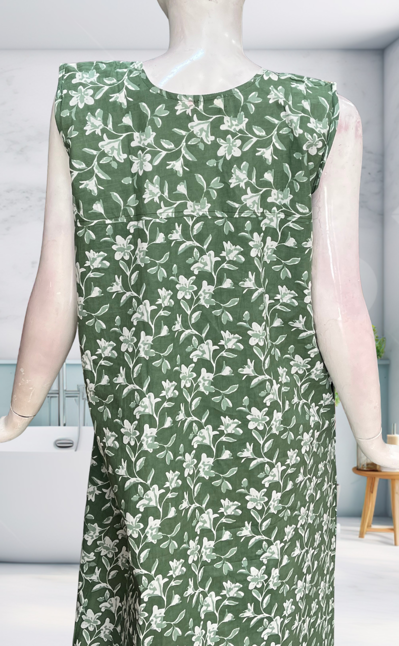 Pista Green Garden Sleeveless Pure Cotton Nighty. Pure Durable Cotton | Laces and Frills