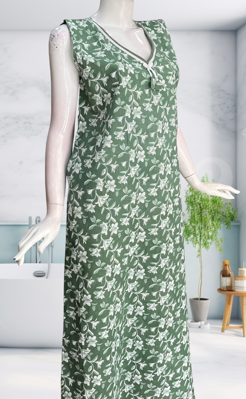 Pista Green Garden Sleeveless Pure Cotton Nighty. Pure Durable Cotton | Laces and Frills