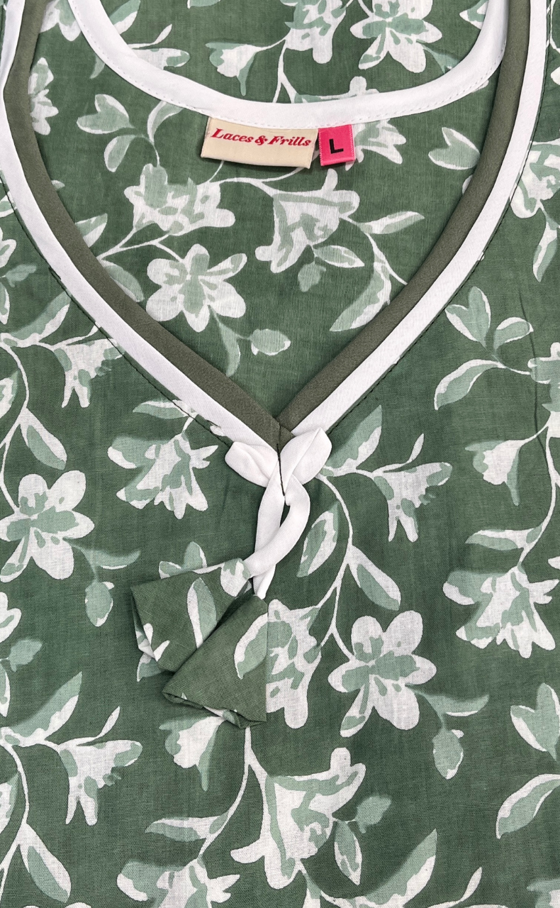 Pista Green Garden Sleeveless Pure Cotton Nighty. Pure Durable Cotton | Laces and Frills