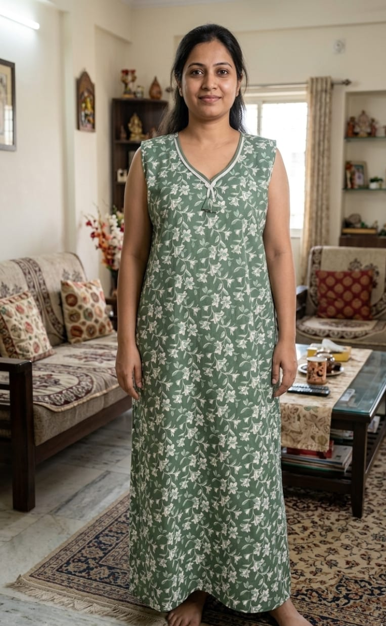 Pista Green Garden Sleeveless Pure Cotton Nighty. Pure Durable Cotton | Laces and Frills